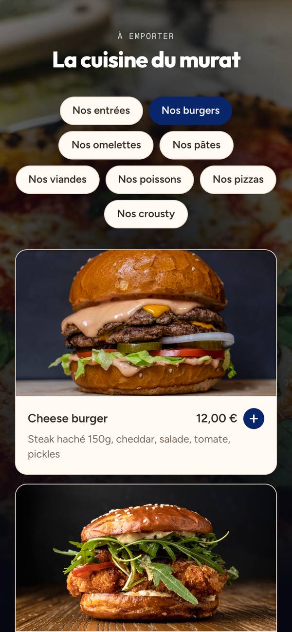 Carte de La cuisine du Murat, onglet « Nos burgers » : Cheese burger à 12,00 € avec sa photo et sa description