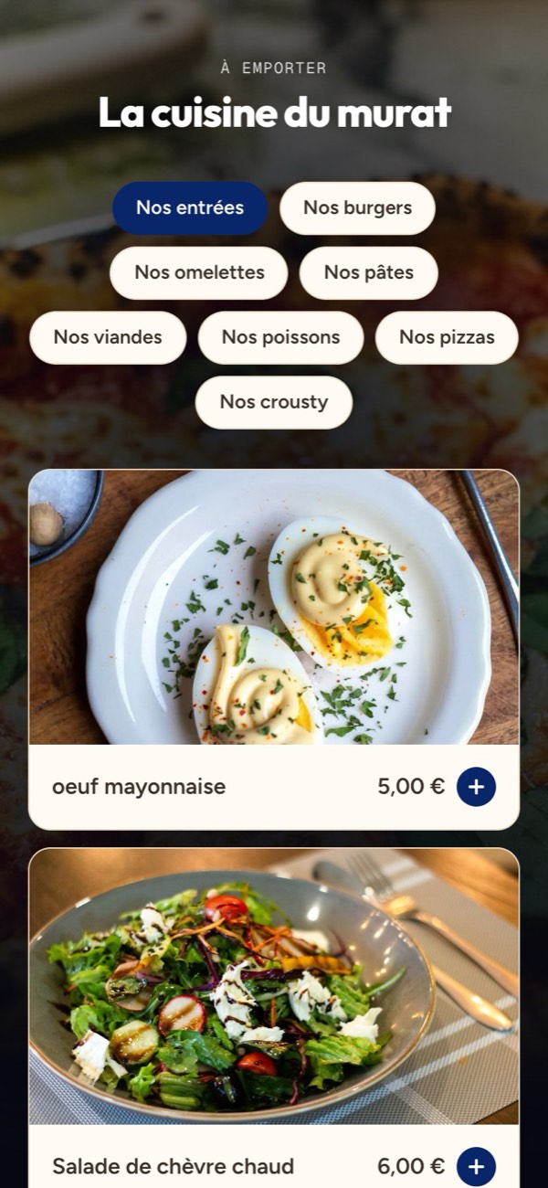 La carte à emporter de La cuisine du Murat sur téléphone : rubriques en onglets et plats en photo