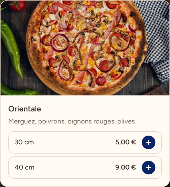 Fiche d'une pizza Orientale sur la carte de La cuisine du Murat, en 30 cm et 40 cm avec un prix pour chaque taille