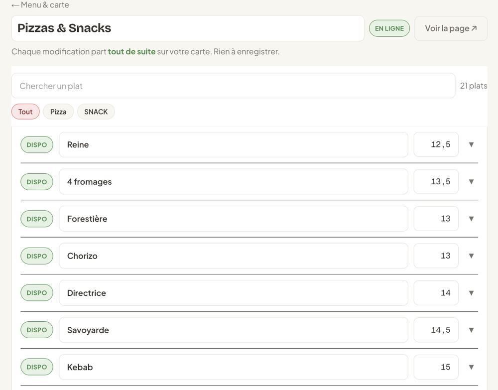 Éditeur de la carte Pizzas & Snacks du Bonap : chaque plat avec son prix et son état DISPO, et la mention « Chaque modification part tout de suite sur votre carte »