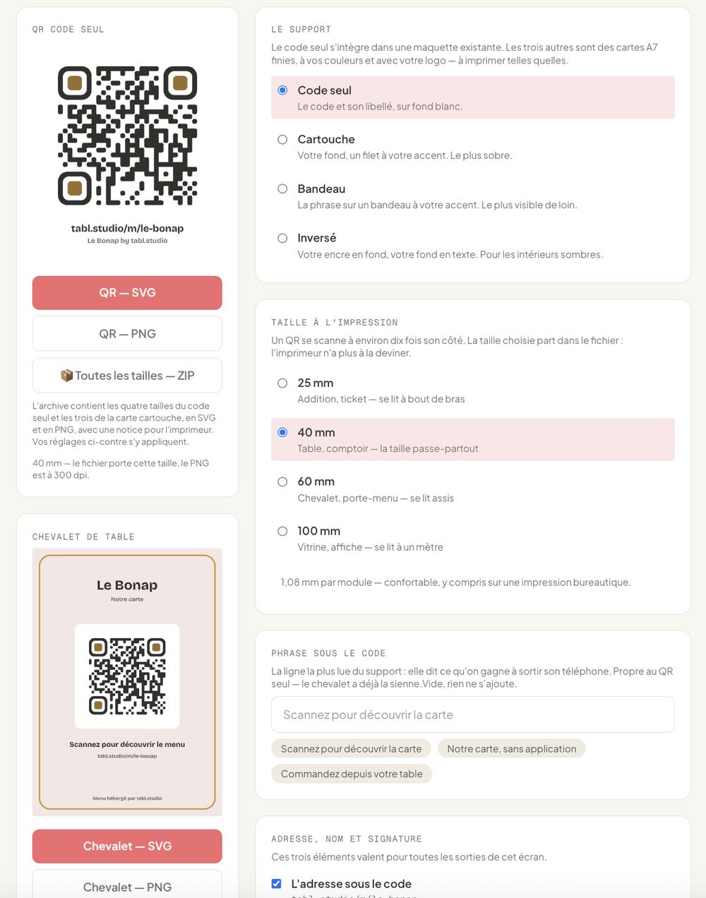 Le QR code du Bonap à télécharger en SVG, PNG ou ZIP, le chevalet de table, et le choix de la taille d'impression de 25 à 100 mm