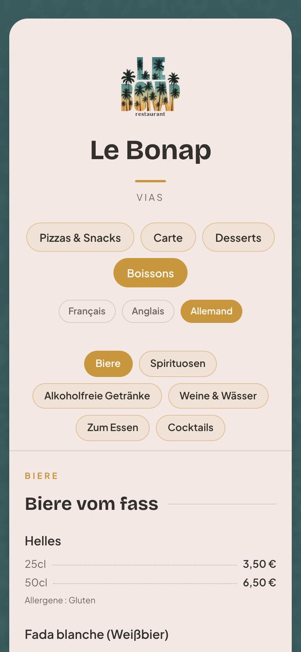 La même carte des boissons en allemand : catégories, noms et allergènes traduits