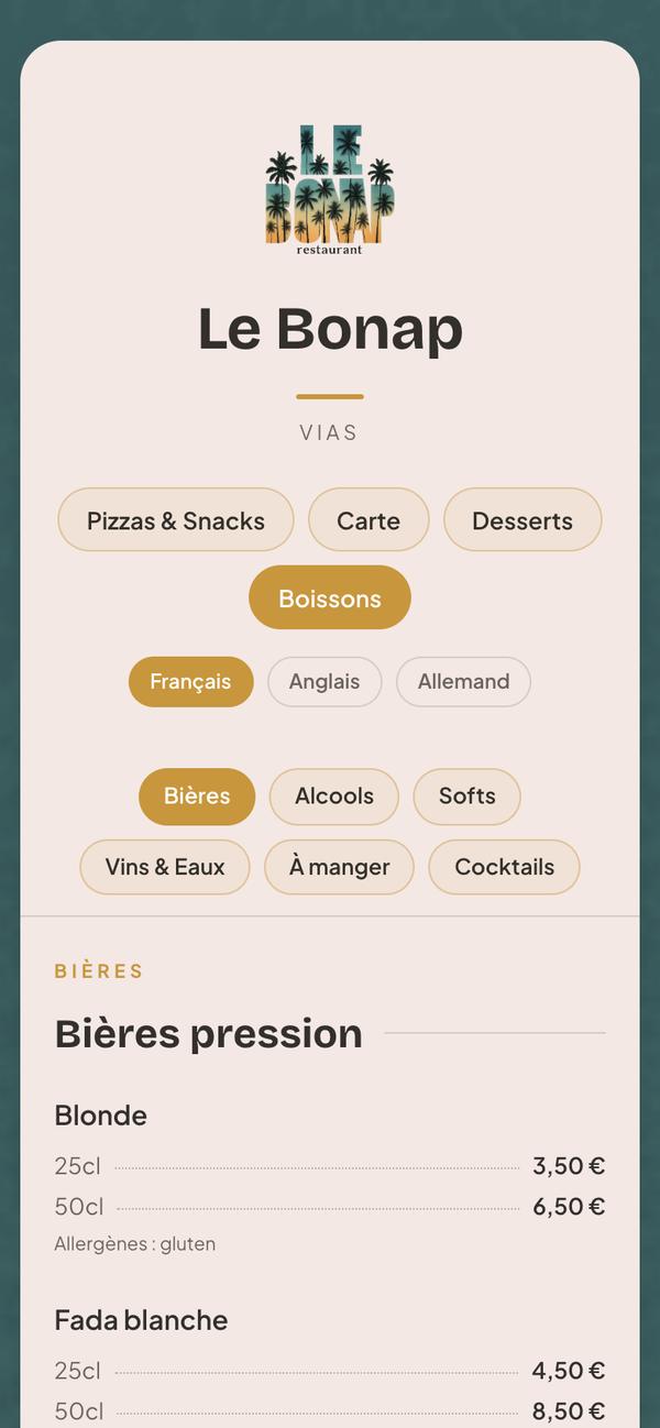 Carte des boissons du Bonap en français : bières pression en 25 et 50 cl, allergène gluten