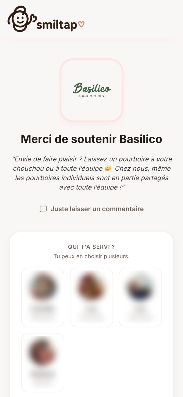 Page de pourboire du Basilico : « Merci de soutenir Basilico », message de l'équipe et choix « Qui t'a servi ? »