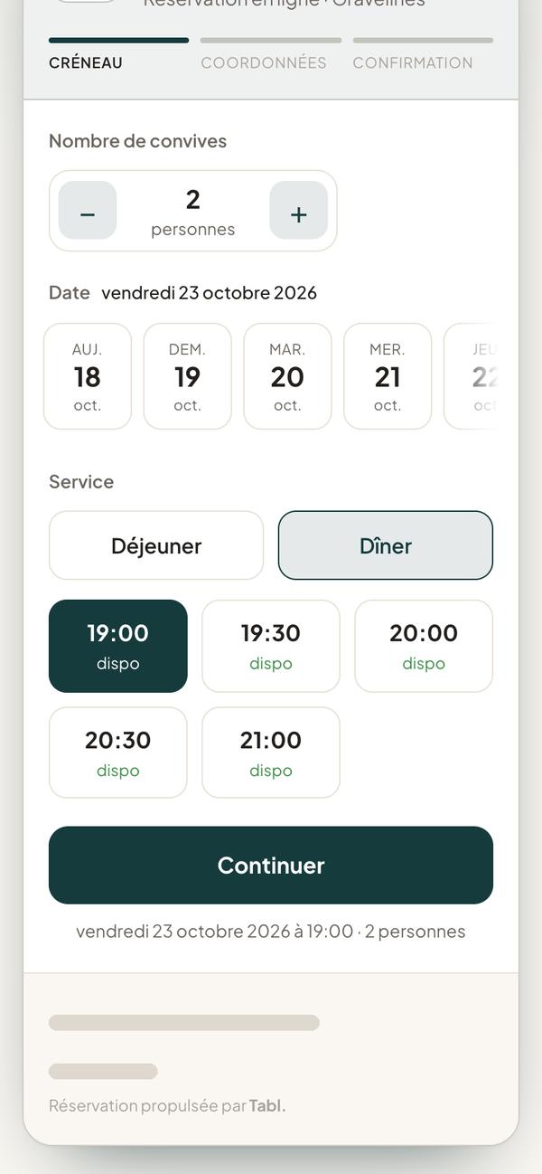 Étape Créneau : 2 personnes, vendredi 23 octobre, service Dîner, créneaux de 19:00 à 21:00 marqués dispo
